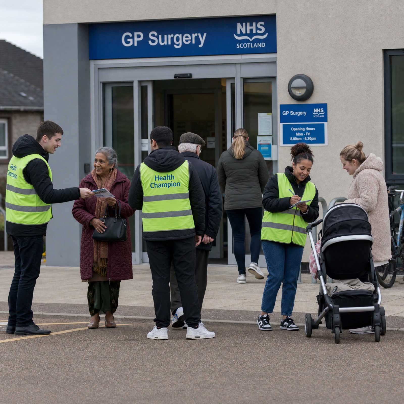 A Lumen volunteer and an older resident look at an NHS letter together